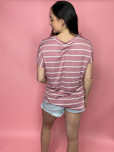 Inviting You In Striped T-shirt Top- Mauve