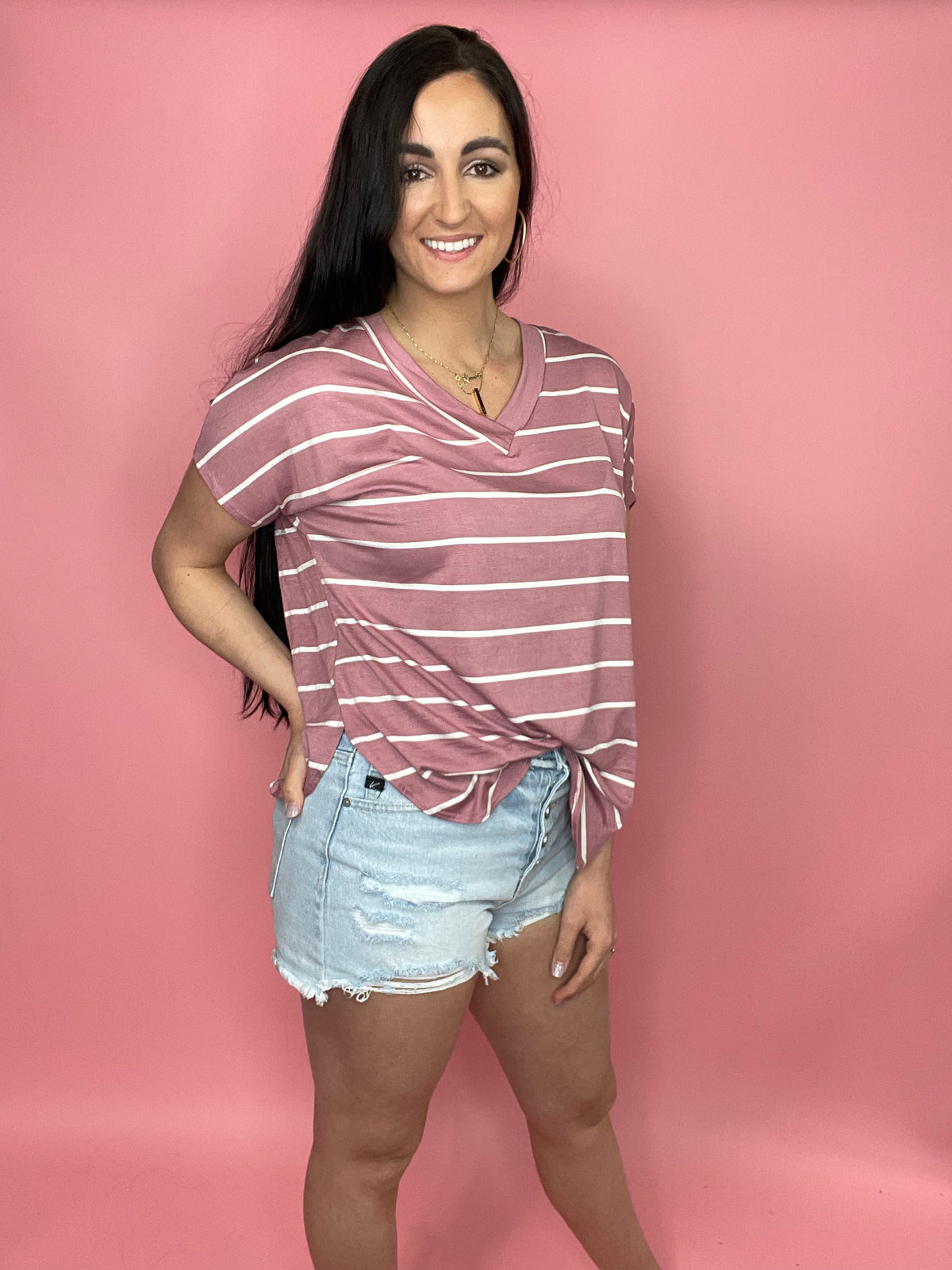 Inviting You In Striped T-shirt Top- Mauve