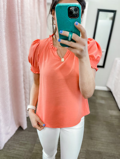 Dreaming About You- Coral Smocked Top