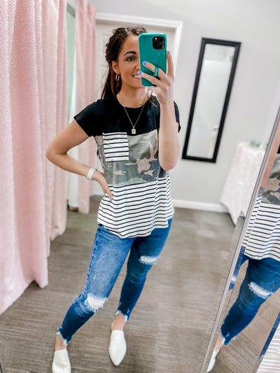 On a Journey- Camo Striped Top