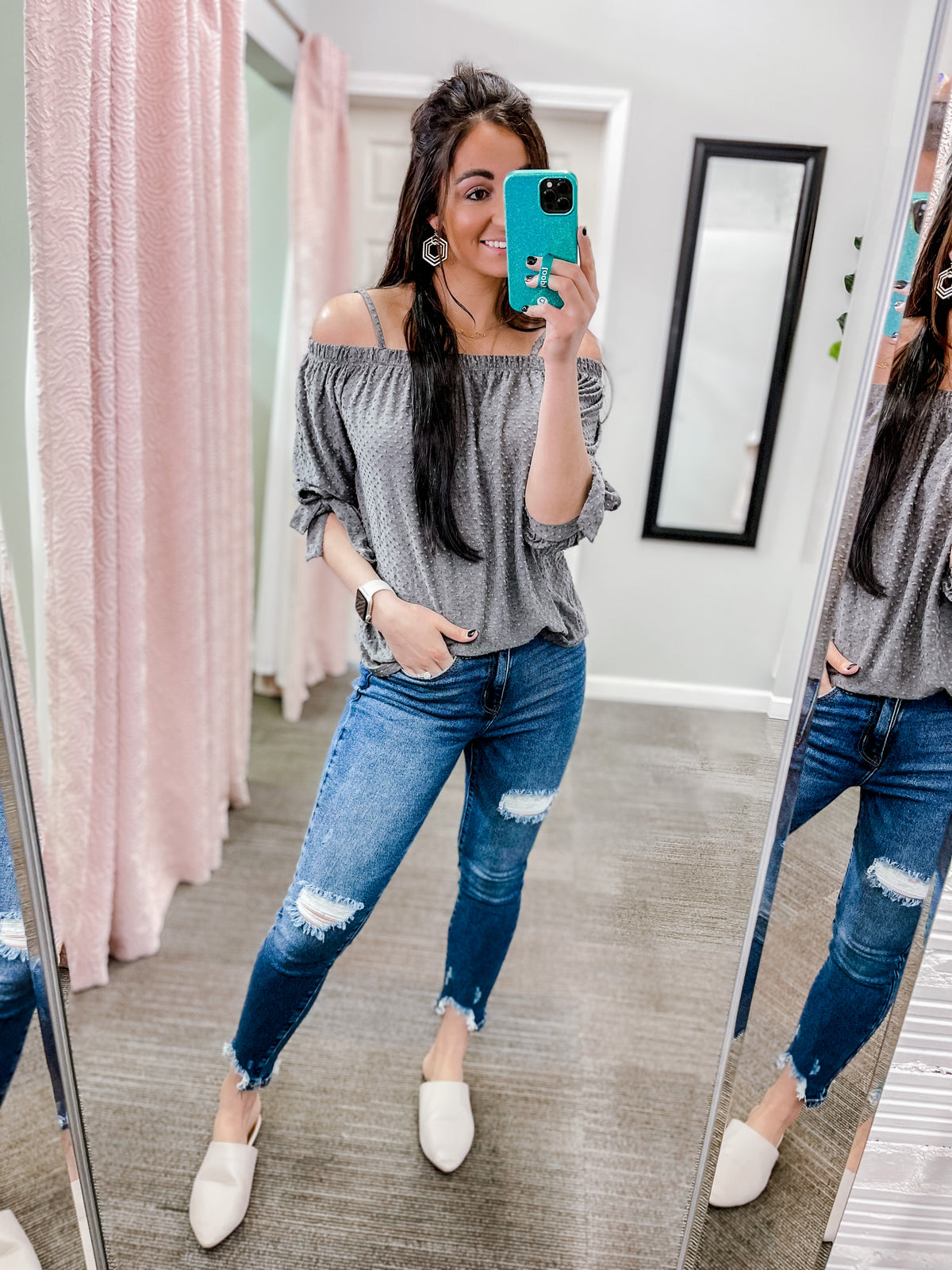 Goodnight Wish- Gray Off the Shoulder Top