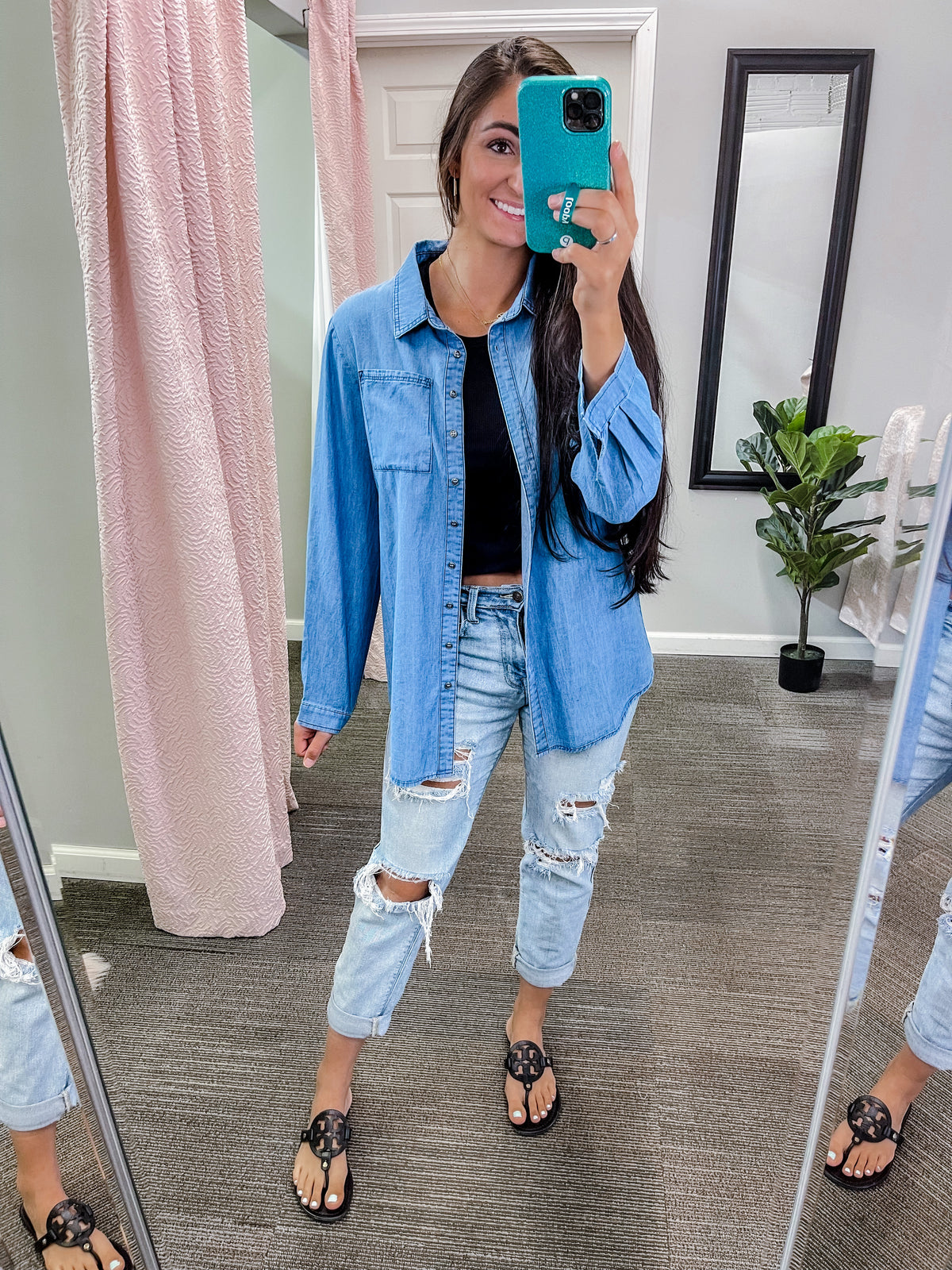 On the Edge Denim Button Up Top