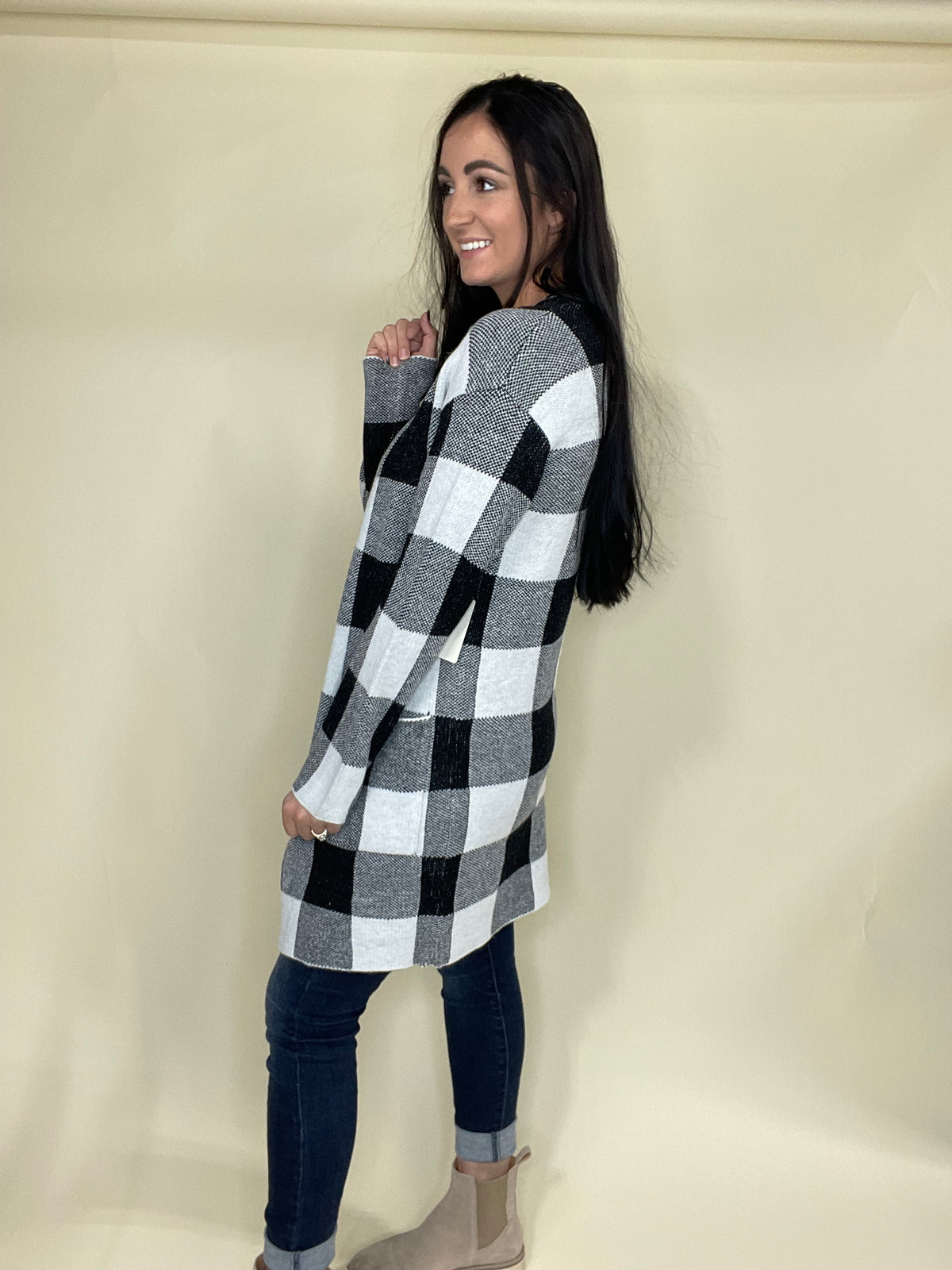 Giving Your Opinion- Black & White Plaid Cardigan