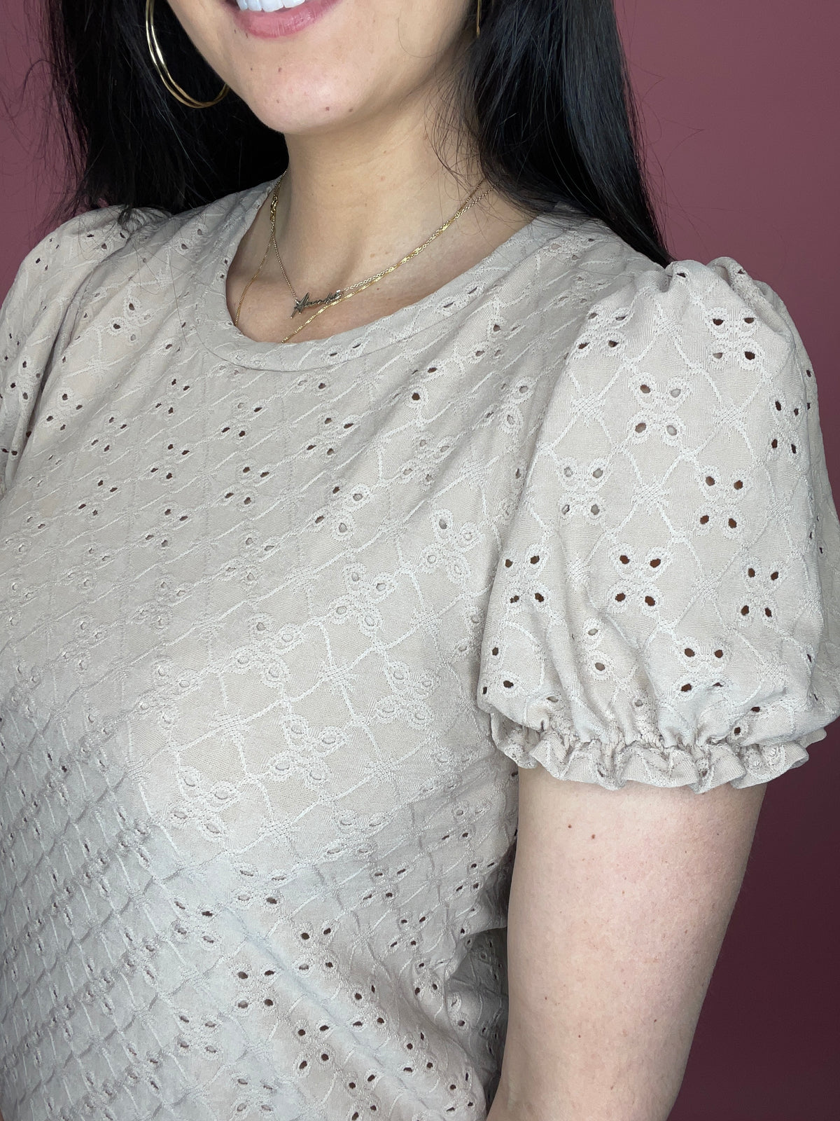 Perfectly Poised Eyelet Top- Taupe