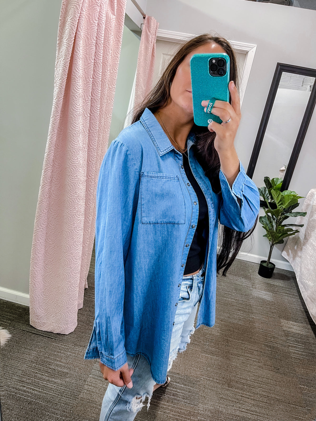 On the Edge Denim Button Up Top