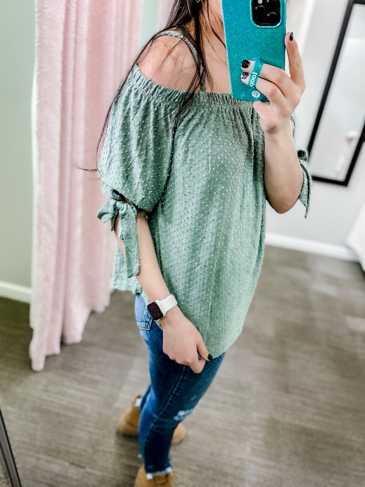 Goodnight Wish- Olive Off the Shoulder Top