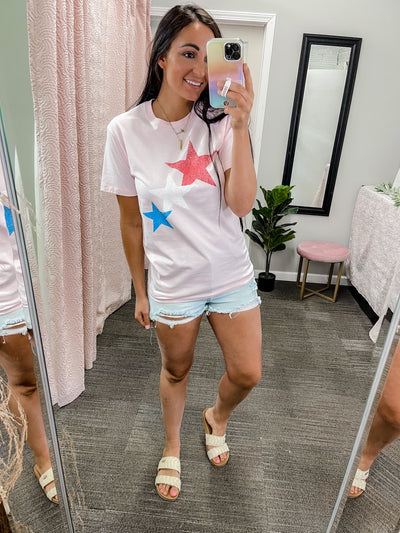 Red White Blue Star Graphic Tee - Pink